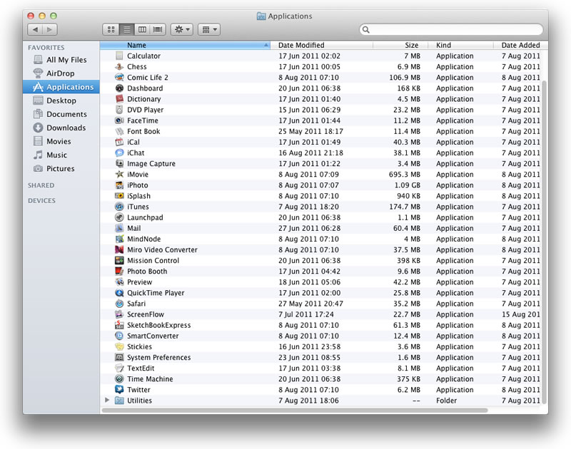 List view, in which all the files or applications are provided as a list within the Finder window. If you are using VoiceOver you may find that the List view works best.