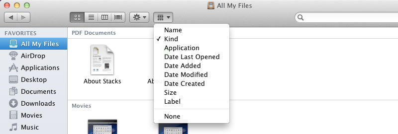 The sort menu will change depending if you are looking at your files and documents.