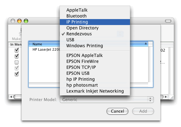 If necessary change the dropdown box from Rendezvous (or USB or whatever) to IP Printing.