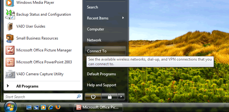 On the Vista computer, click the start button and then the Connect to link.  